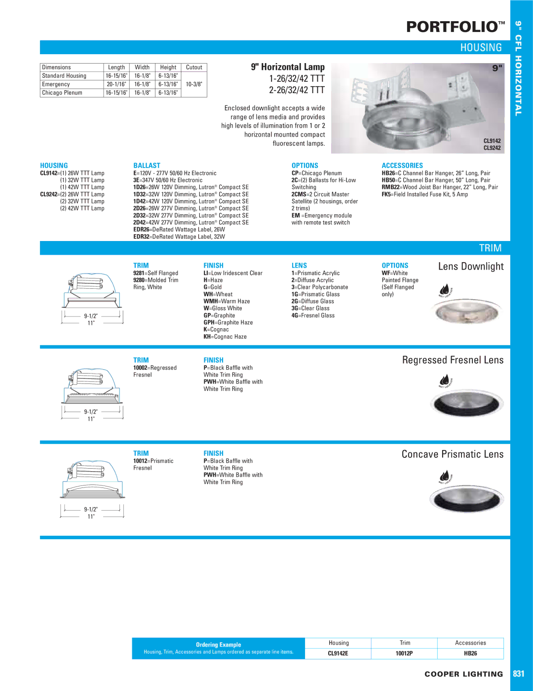 Cooper Lighting 831 dimensions Ballast Options, Trim Finish Lens, Accessories 