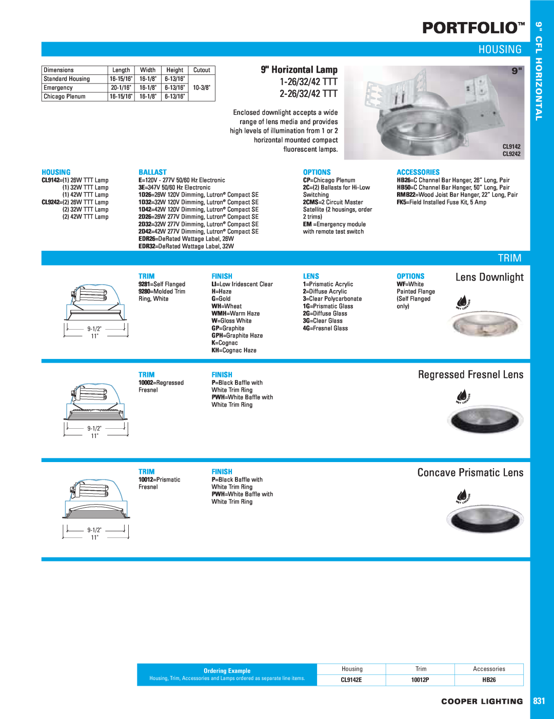 Cooper Lighting 831 dimensions Portfolio, Housing, Trim, Regressed Fresnel Lens, Concave Prismatic Lens, 1-26/32/42TTT 