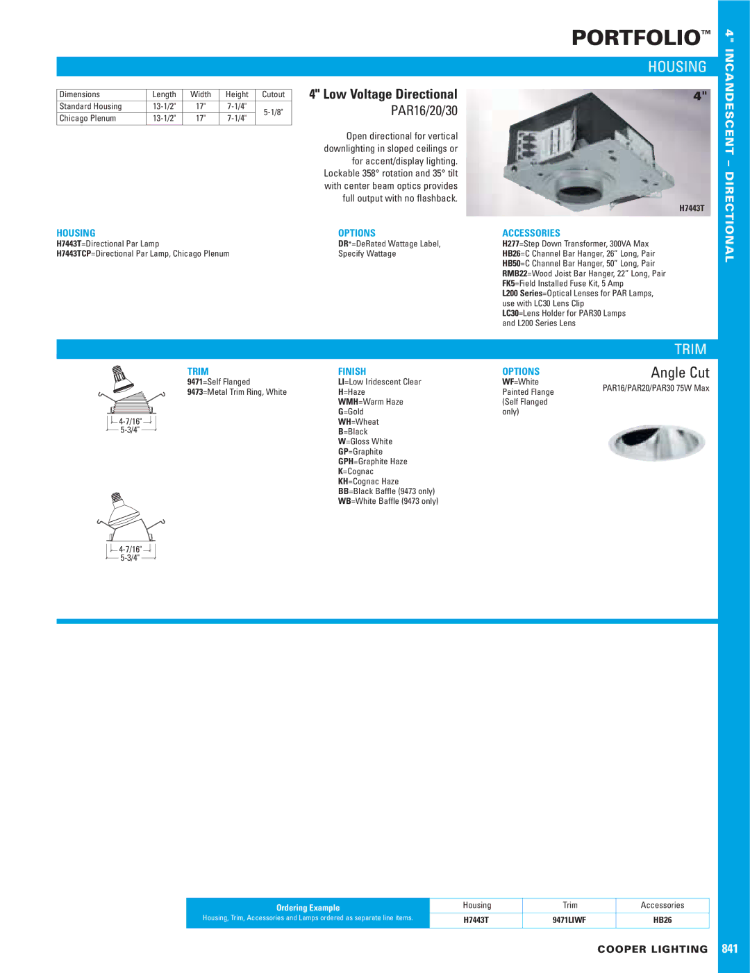 Cooper Lighting 841 dimensions Portfolio, Trim, PAR16/20/30, Angle Cut 