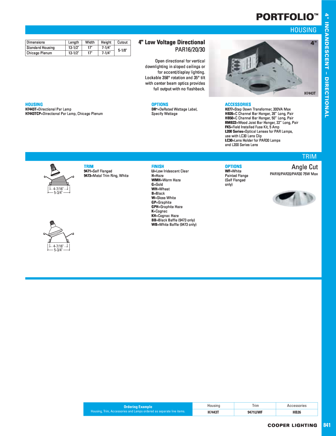 Cooper Lighting 841 dimensions Portfolio, Trim, PAR16/20/30, Angle Cut, Housing, Low Voltage Directional, Options, Finish 