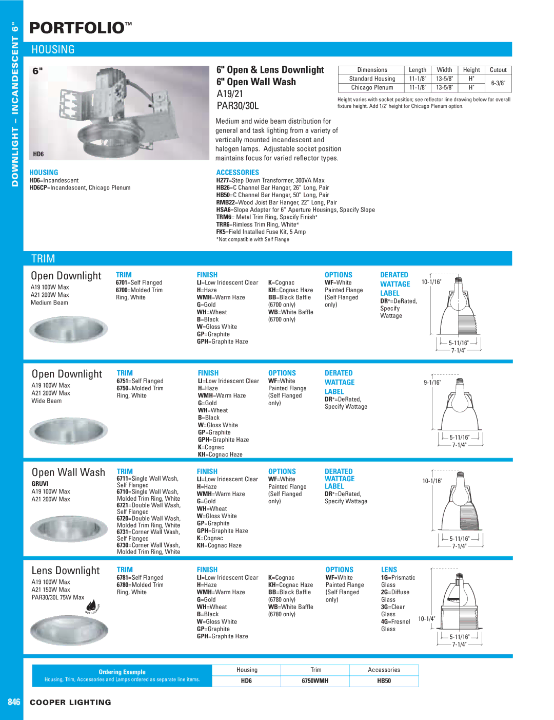 Cooper Lighting 846 dimensions Housing, Trim, Open Downlight, Open Wall Wash, Lens Downlight 