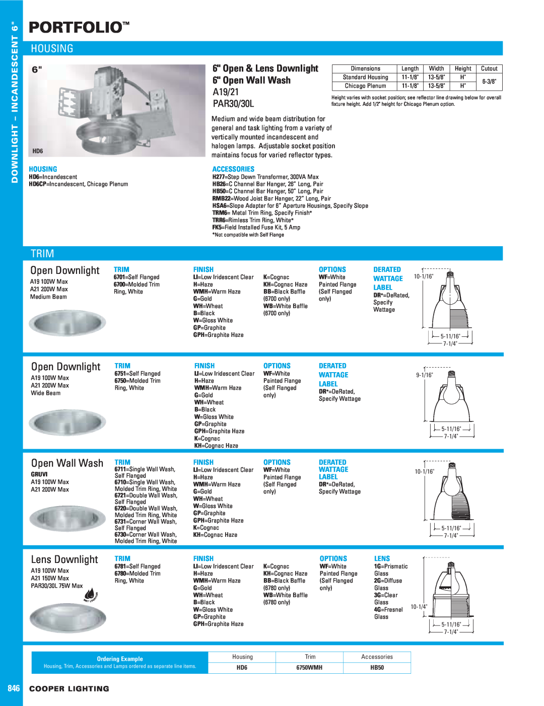 Cooper Lighting dimensions Portfolio, Housing, Trim, A19/21, PAR30/30L, Open & Lens Downlight, 846COOPER LIGHTING 