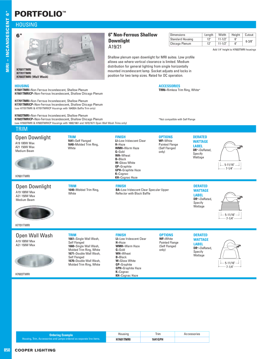 Cooper Lighting 850 dimensions Housing, Trim, Open Downlight, Open Wall Wash 