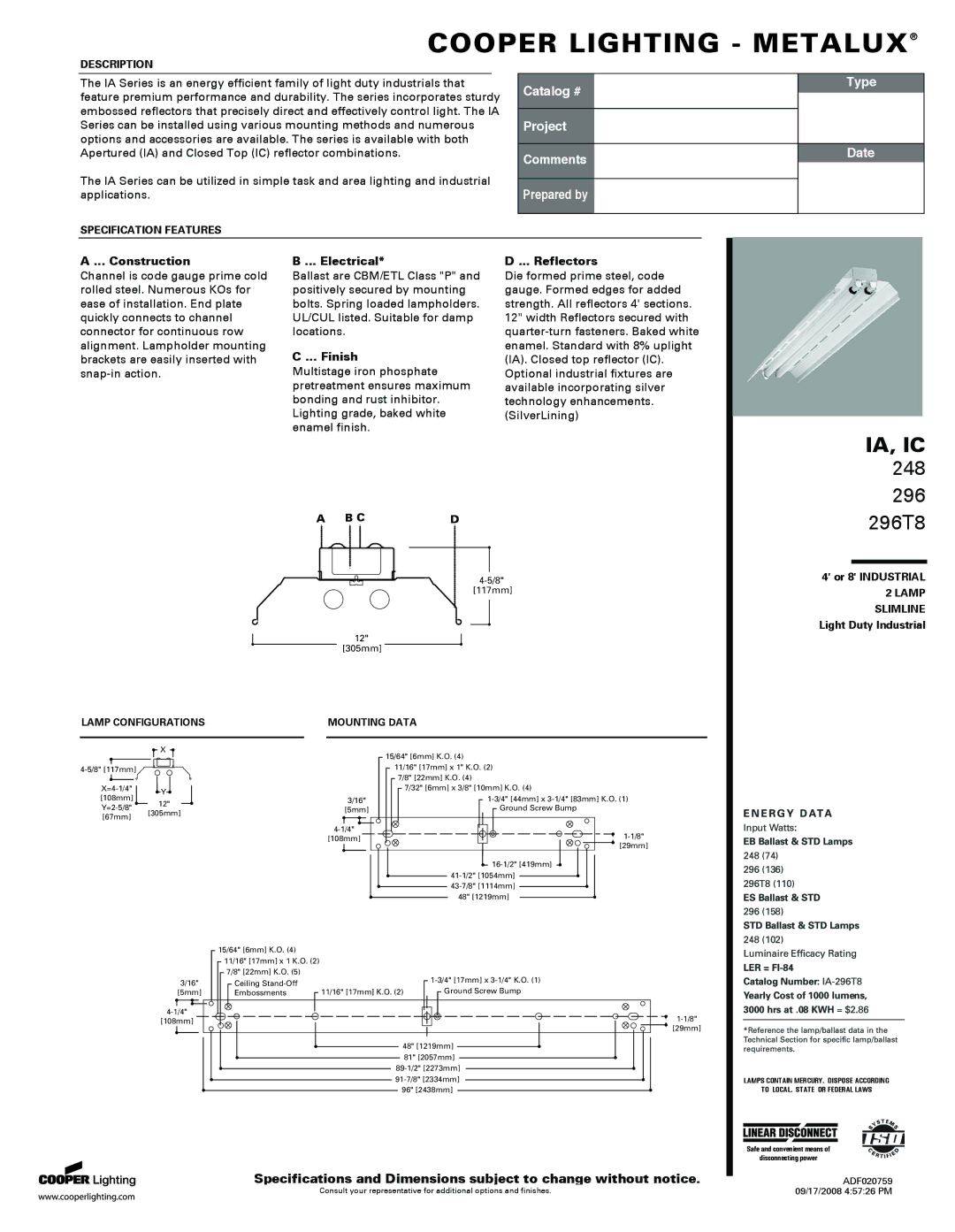 Cooper Lighting BIPAC-8500, 8520 specifications Construction, Electrical, Finish, Reflectors 