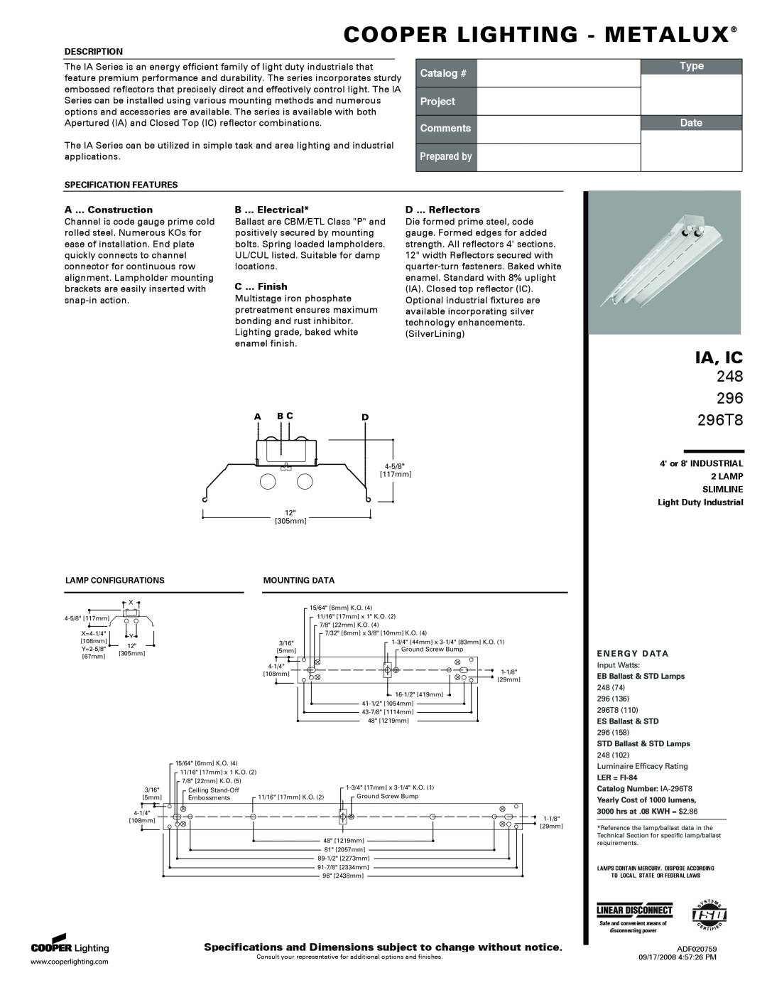 Cooper Lighting BIPAC-8500 specifications Cooper Lighting - Metalux, Ia, Ic, 248, 296T8, Catalog #, Project Comments, Type 