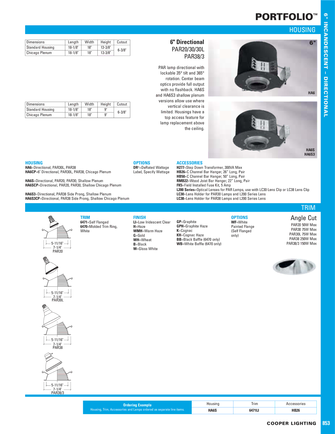 Cooper Lighting 853 dimensions Portfolio, Housing, Trim, Angle Cut, Directional 