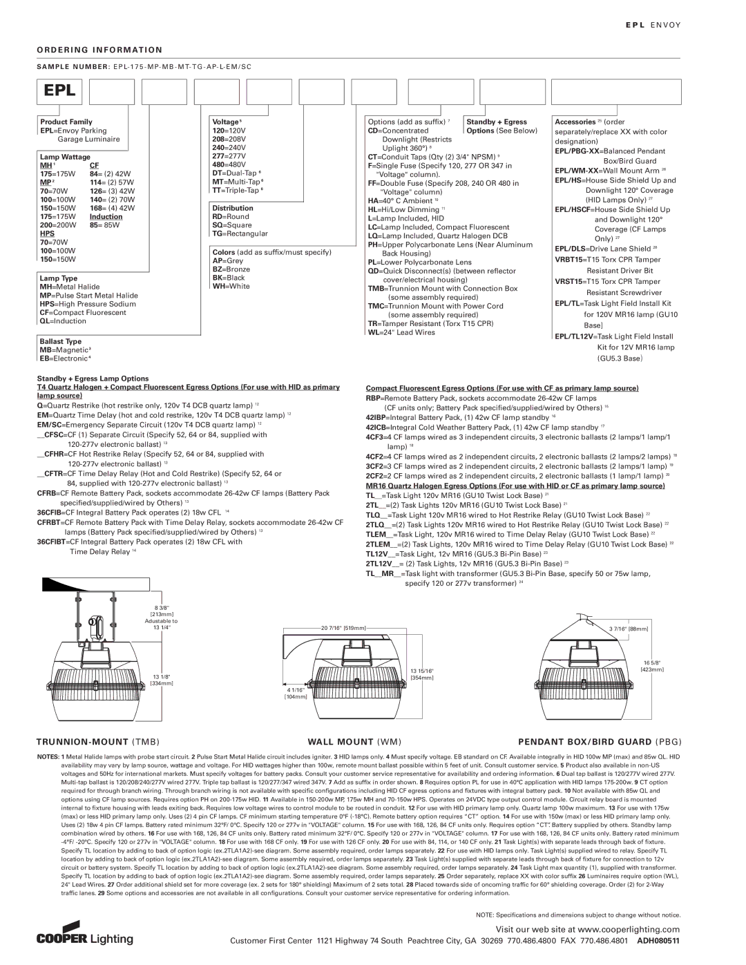 Cooper Lighting 70 - 200W D E R I N G I N F O R M At I O N, TRUNNION-MOUNT TMB Wall Mount WM Pendant BOX/BIRD Guard PBG 