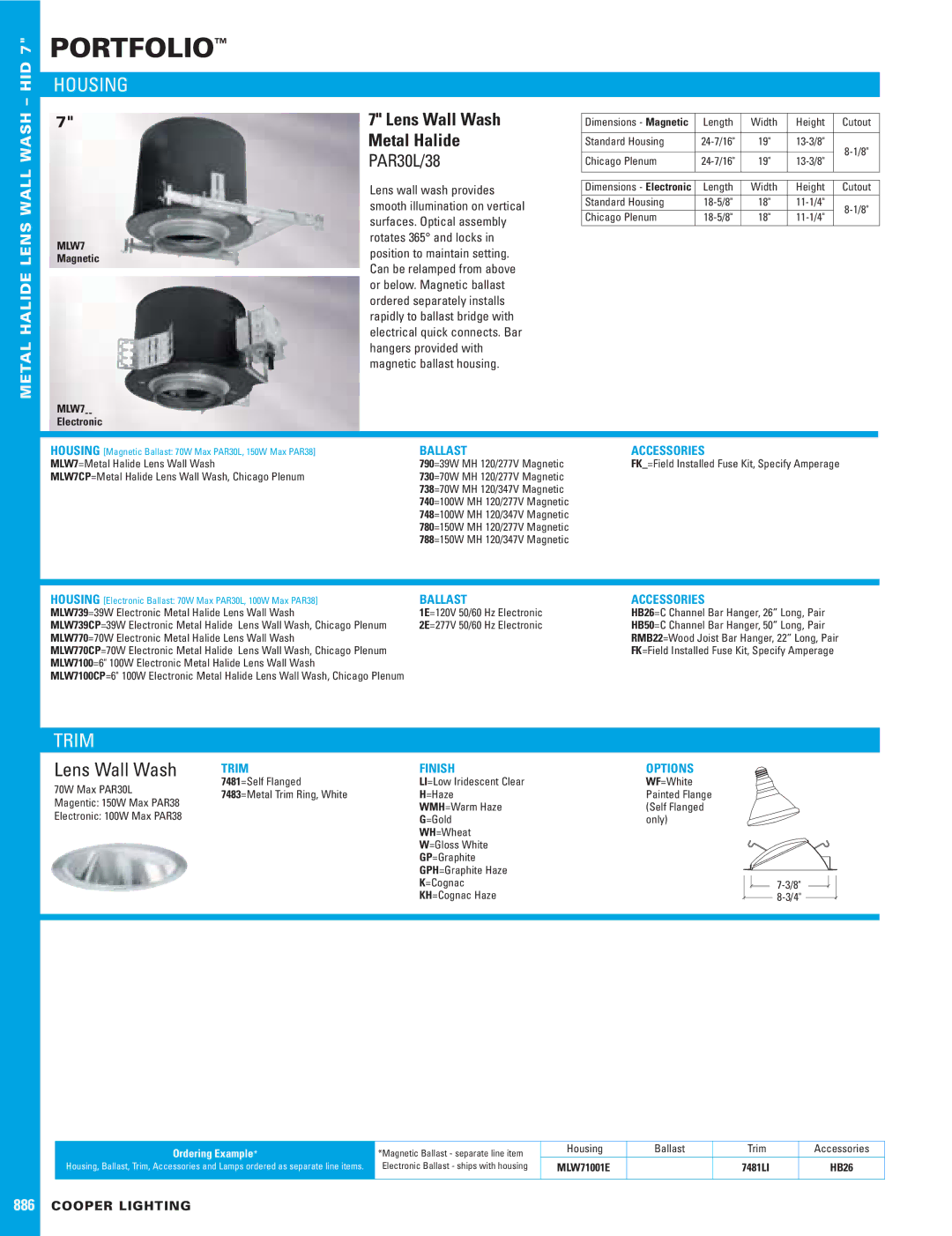 Cooper Lighting 886 dimensions Housing, Ballast Accessories, Trim Finish Options 