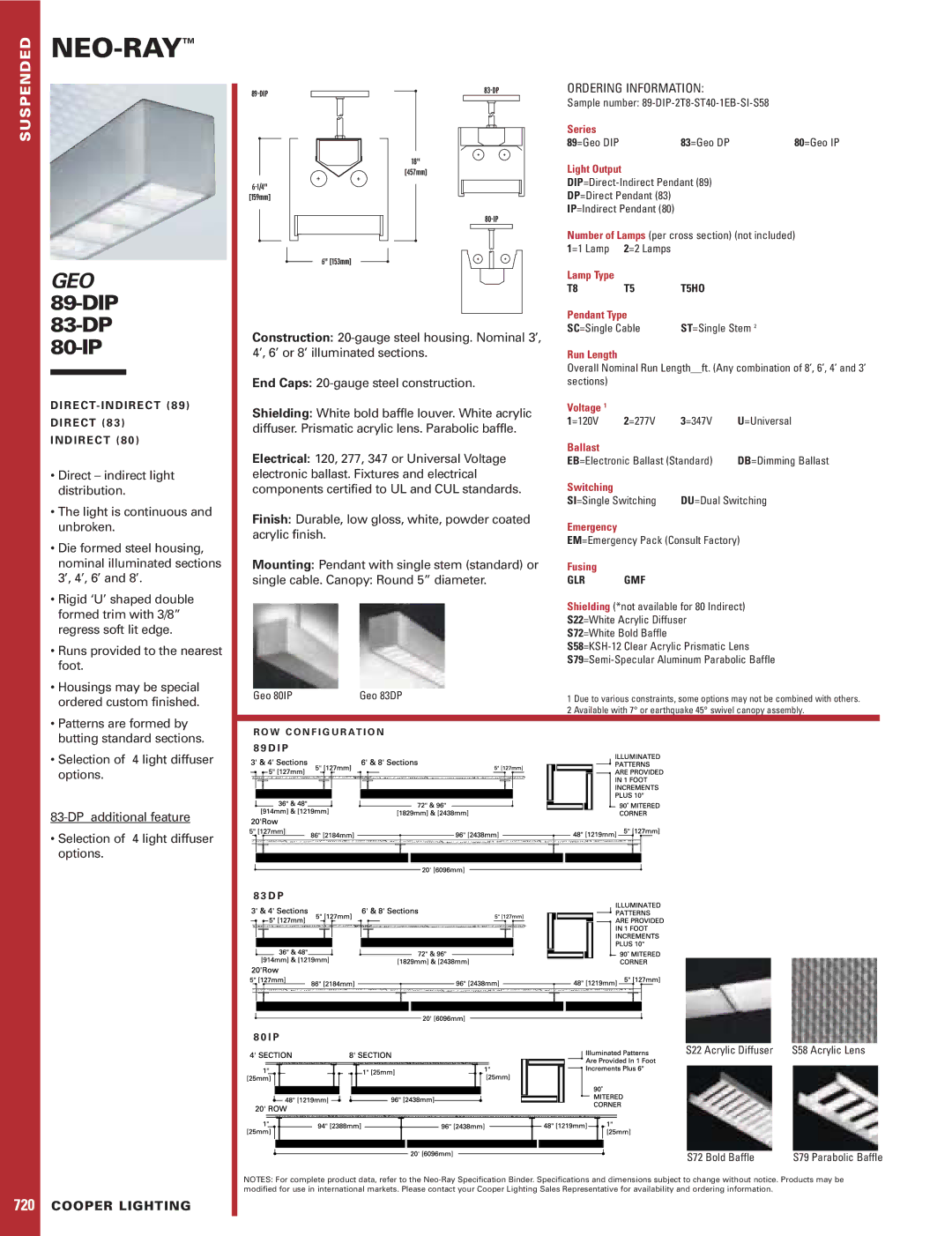 Cooper Lighting specifications Neo-Ray, GEO 89-DIP83-DP, 80-IP, Ordering Information, Cooper Lighting 