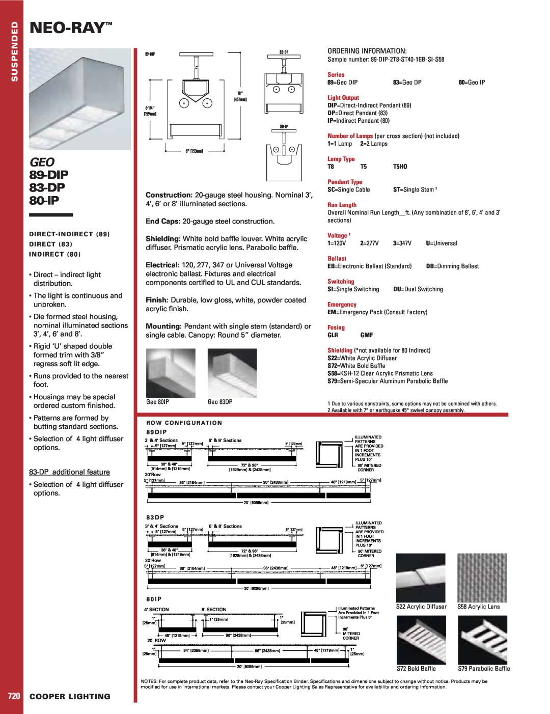 Cooper Lighting specifications Neo-Ray, GEO 89-DIP 83-DP, 80-IP, Cooper Lighting 