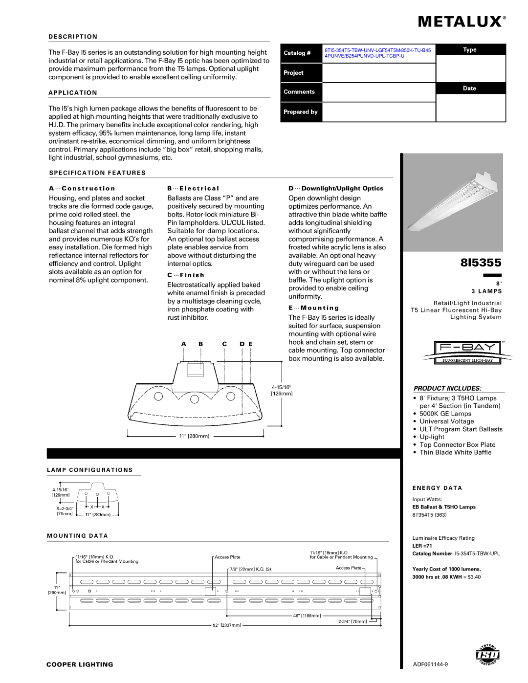 Cooper Lighting 8I5355 manual S C R I P T I O N, P L I C a T I O N, Specification F E a T U R E S, C D E, Coope R Lighting 