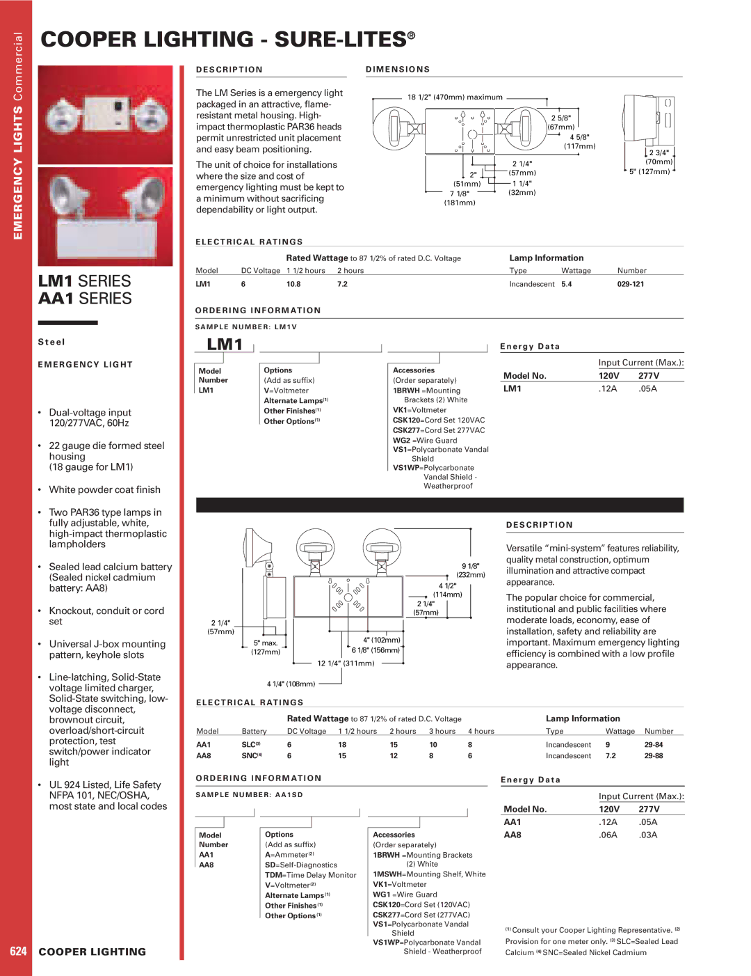Cooper Lighting LM1 dimensions S C R I P T I O N, M E N S I O N S, E C T R I C a L R AT I N G S, E R G E N C Y L I G H T 
