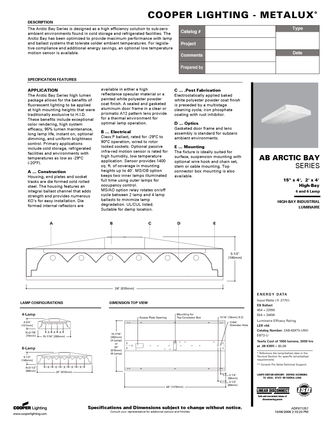 Cooper Lighting AB Arctic Bay Series specifications Cooper Lighting Metalux 