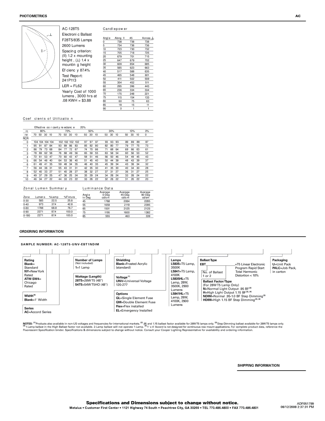 Cooper Lighting AC128T5, AC154T5 specifications Photometrics, ATW-SW4=, Ebt 