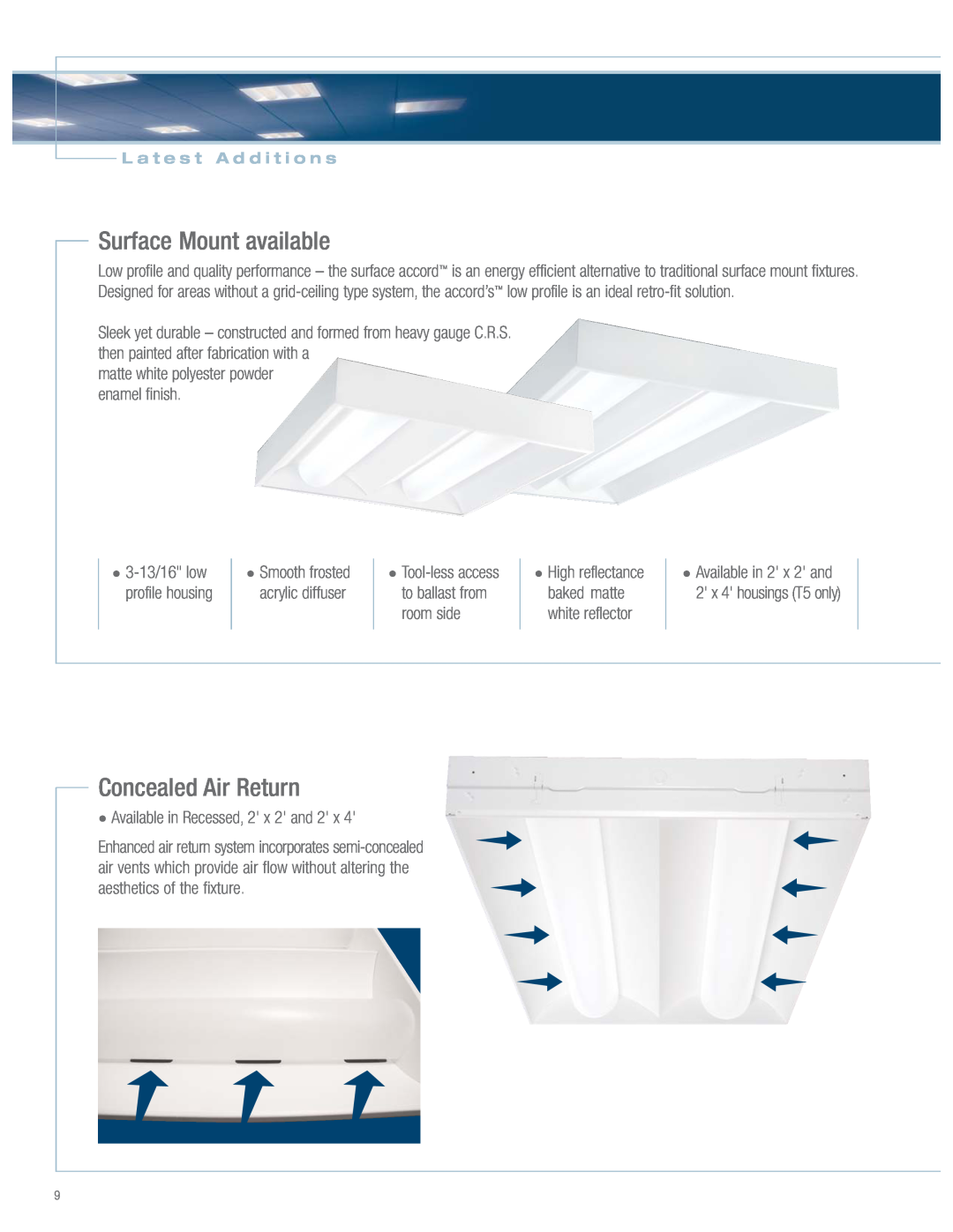 Cooper Lighting Accord Series Surface Mount available, Concealed Air Return, matte white polyester powder enamel finish 