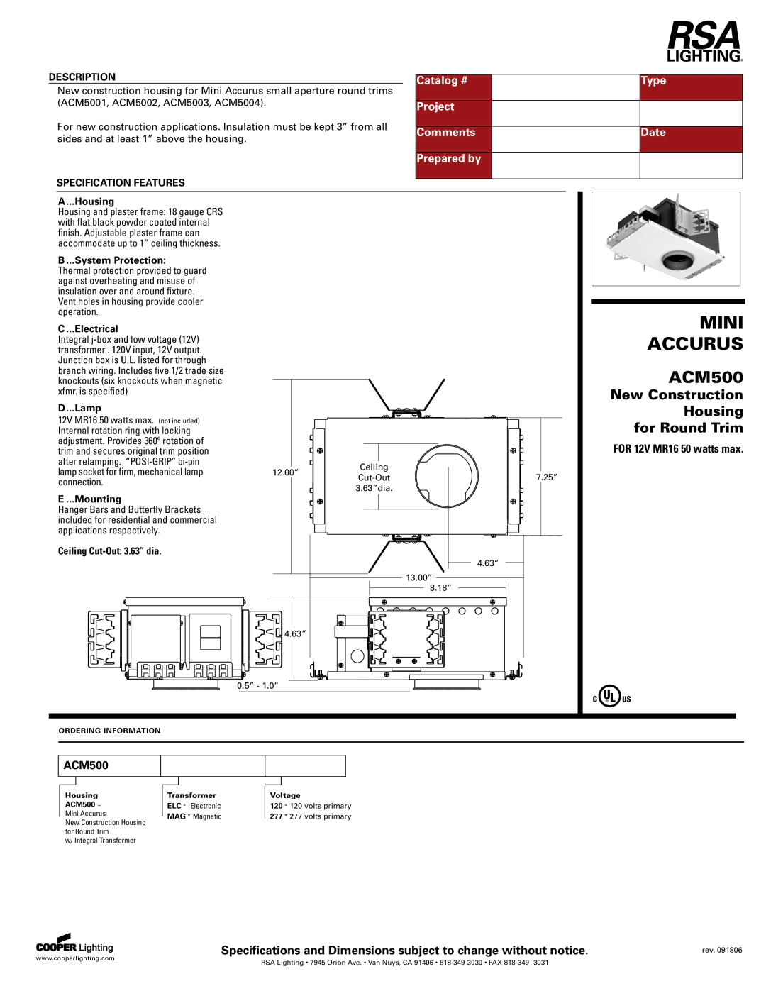 Cooper Lighting ACM500 specifications Catalog # Type, Project, Comments Date, Prepared by 