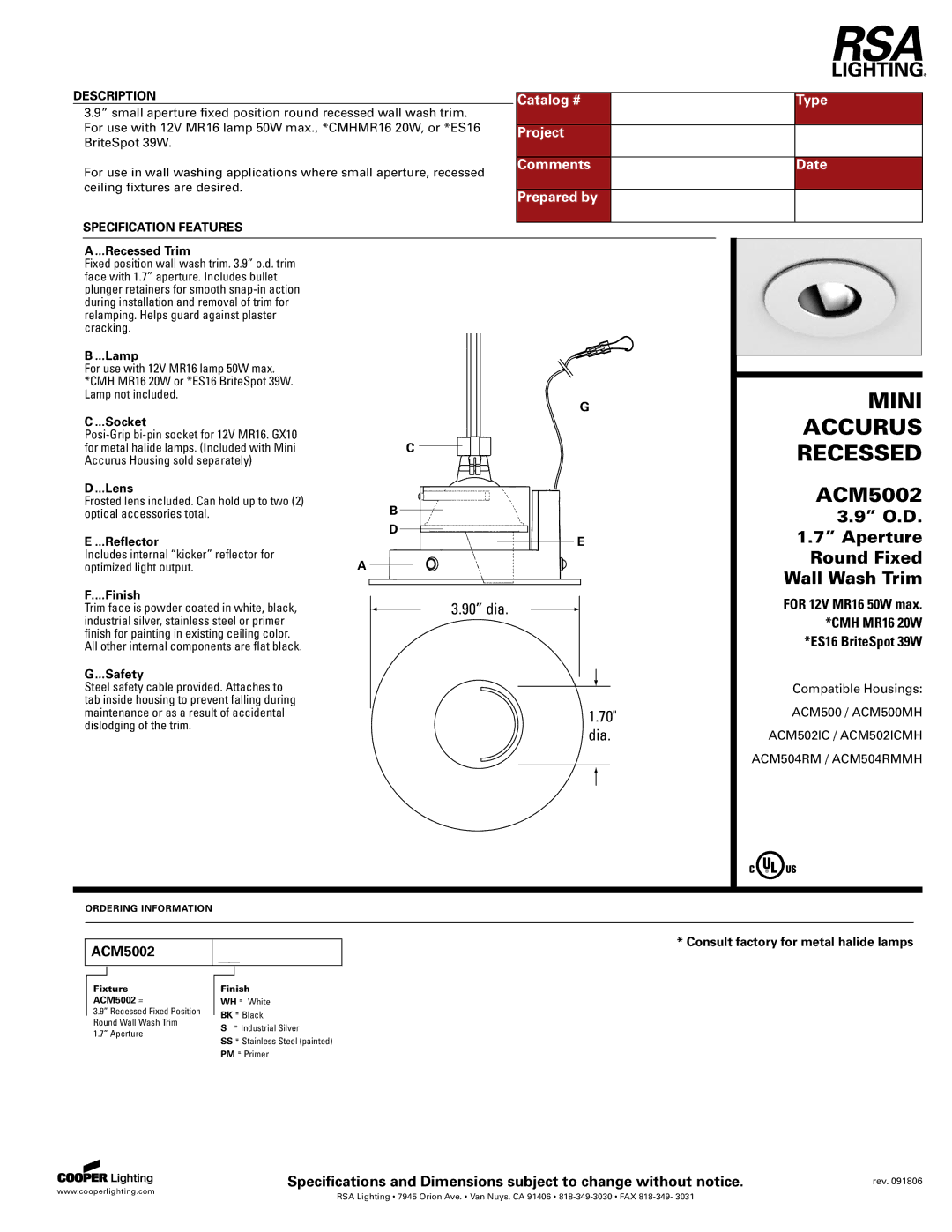 Cooper Lighting ACM5002 specifications 90 dia, Dia 