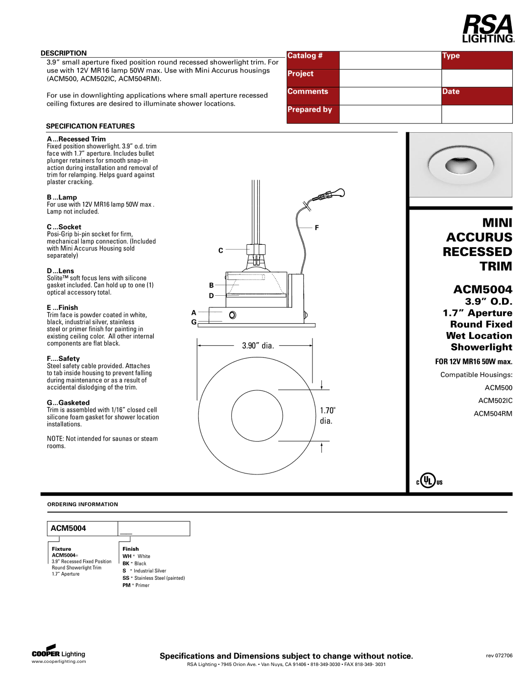 Cooper Lighting ACM5004 specifications Catalog #, Project, Comments, Prepared by, Type Date 