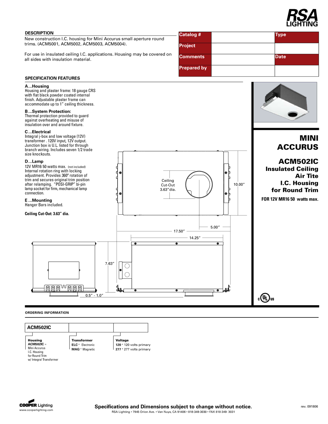 Cooper Lighting ACM502IC specifications Mini, Accurus 