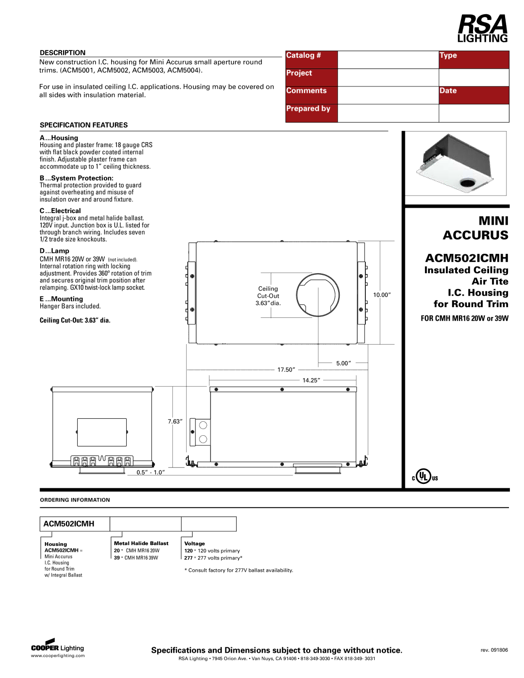 Cooper Lighting ACM502ICMH specifications Mini, Accurus 