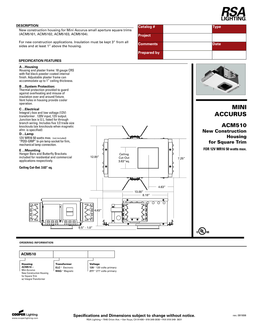 Cooper Lighting ACM510 specifications Catalog # Type, Project, Comments Date, Prepared by 