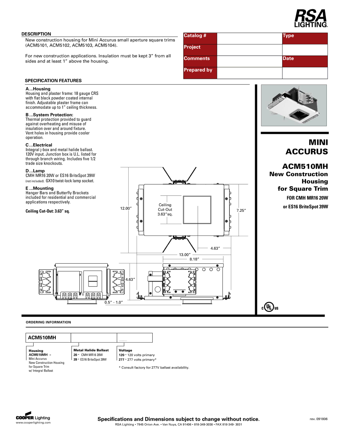 Cooper Lighting ACM510MH specifications For CMH MR16 20W 