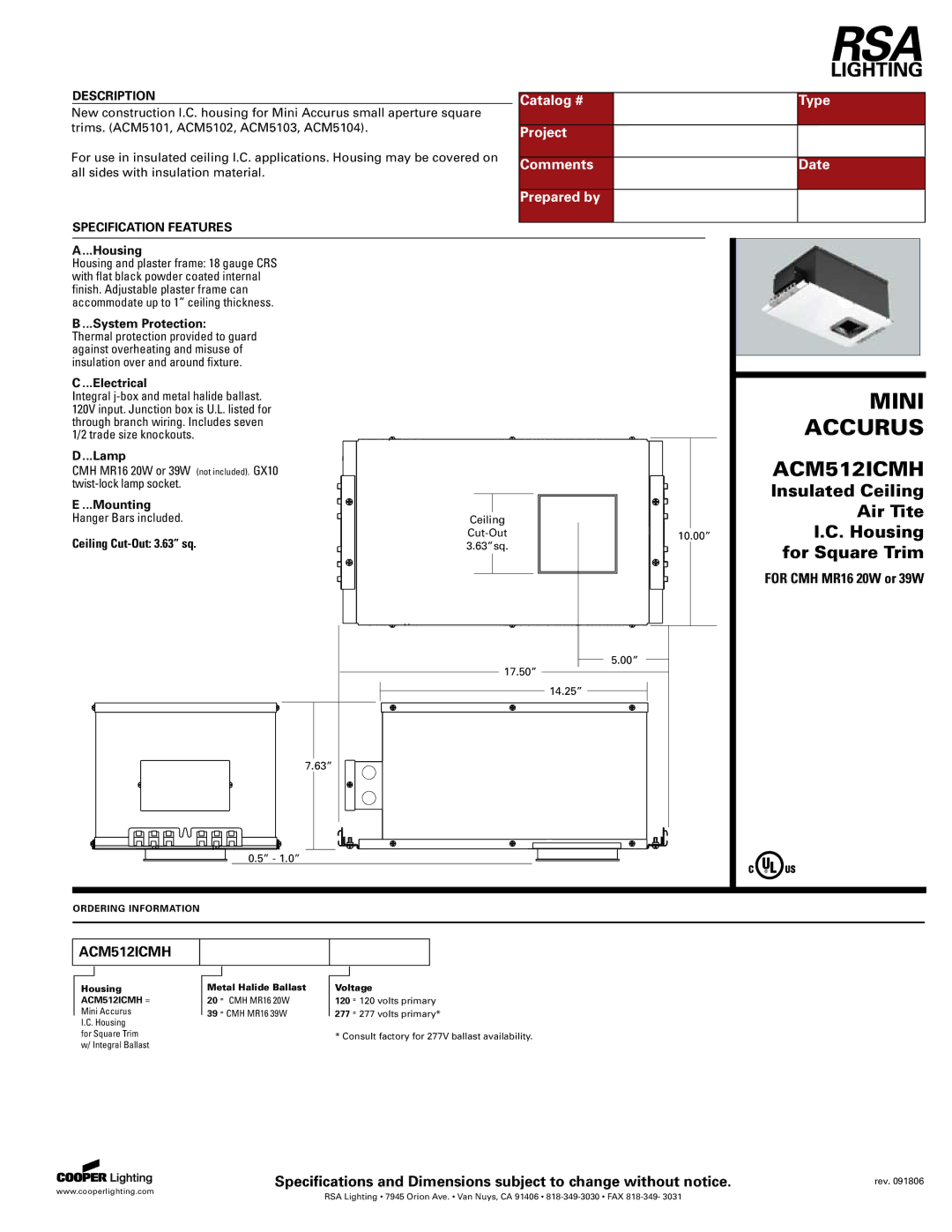 Cooper Lighting ACM512ICMH specifications Mini, Accurus 