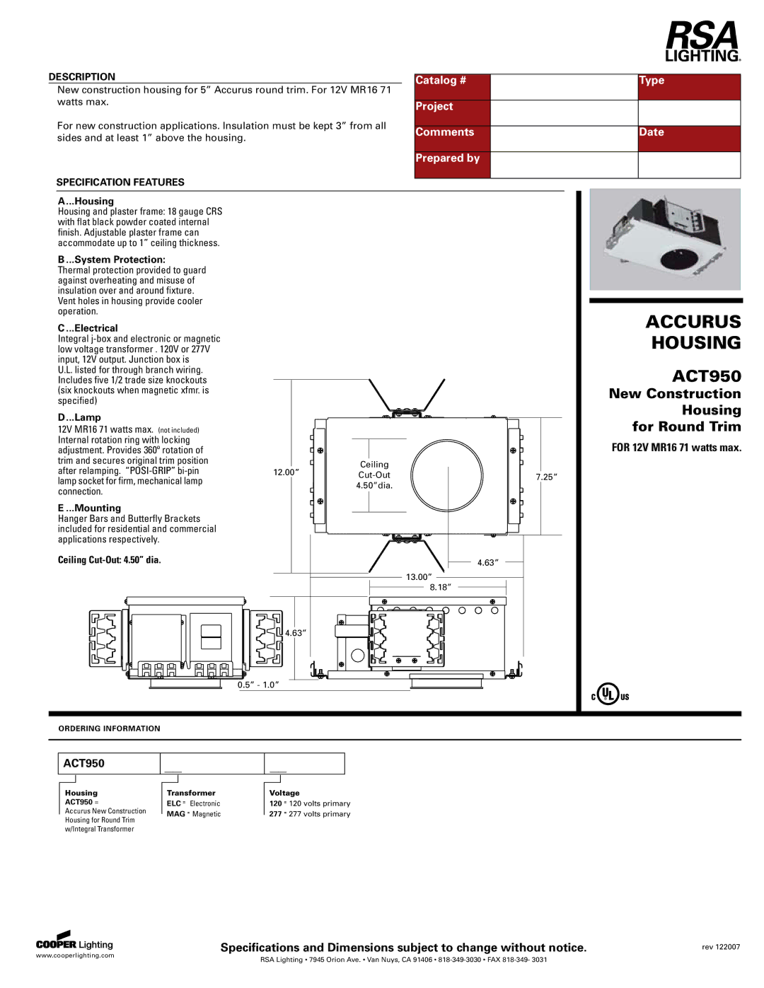 Cooper Lighting ACT950 specifications For 12V MR16 71 watts max 