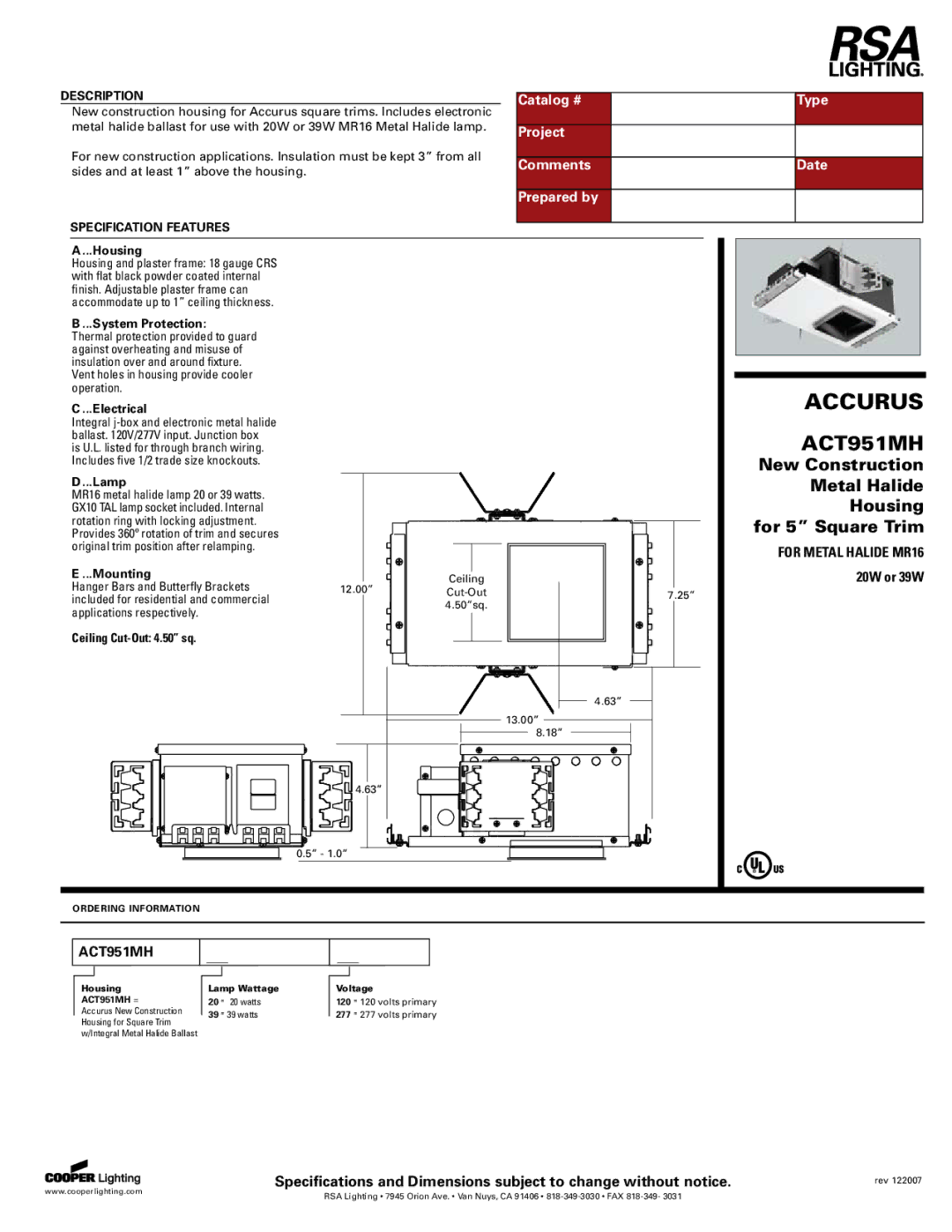 Cooper Lighting ACT951MH specifications For Metal Halide MR16 