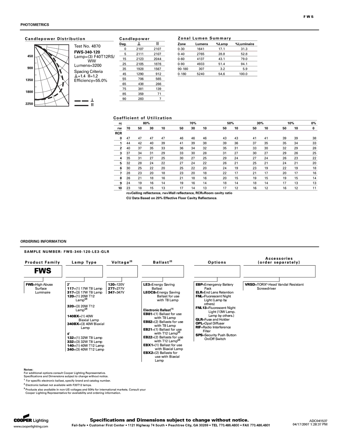 Cooper Lighting ADC041537 specifications FWS-340-120, Photometrics, Ordering Information 