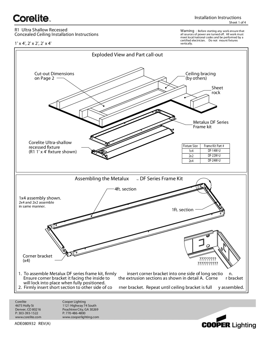 Cooper Lighting ADE080932 installation instructions Exploded View and Part call-out, Corner bracket, Cut-out Dimensions on 