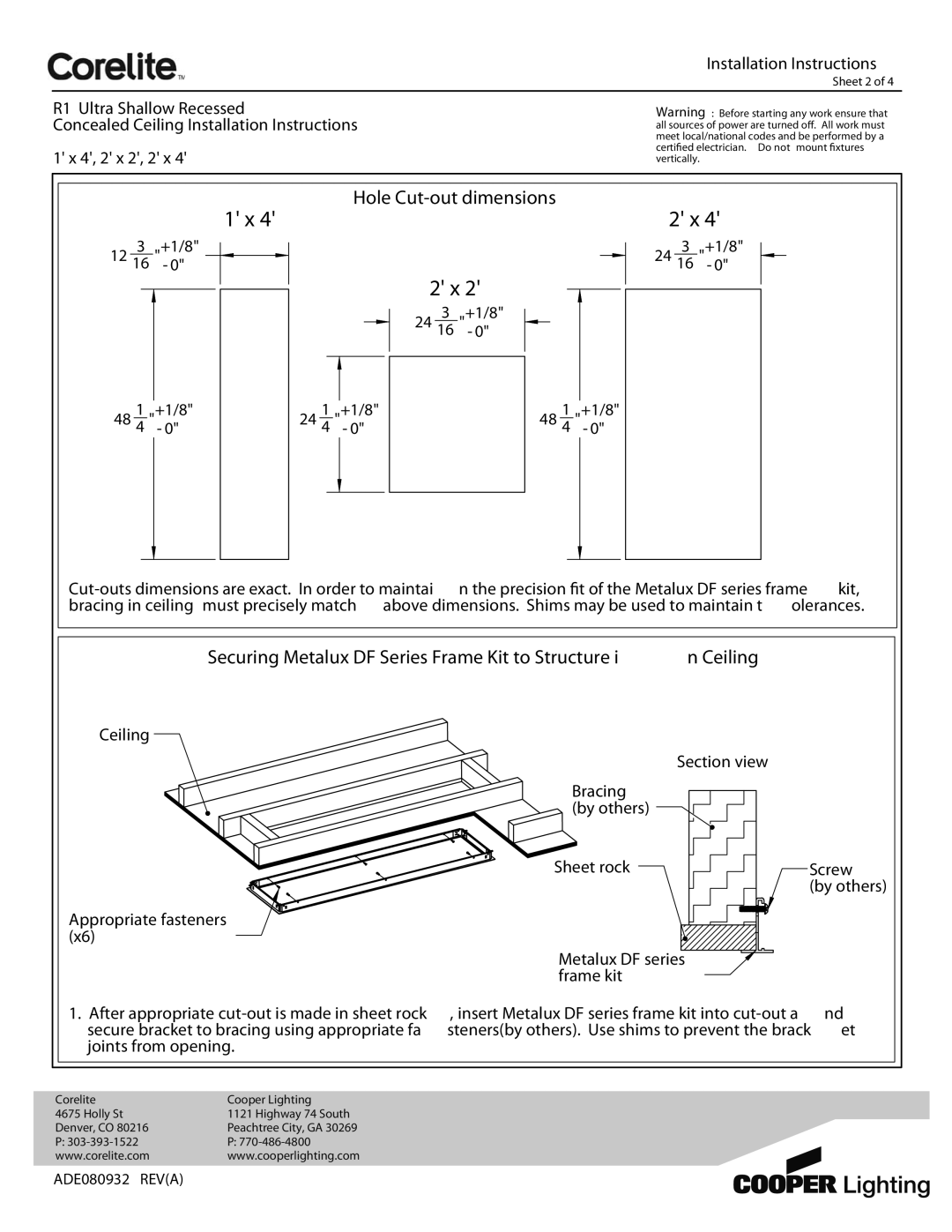 Cooper Lighting ADE080932 Hole Cut-out dimensions, Securing Metalux DF Series Frame Kit to Structure Ceiling, +1/8 12 16 