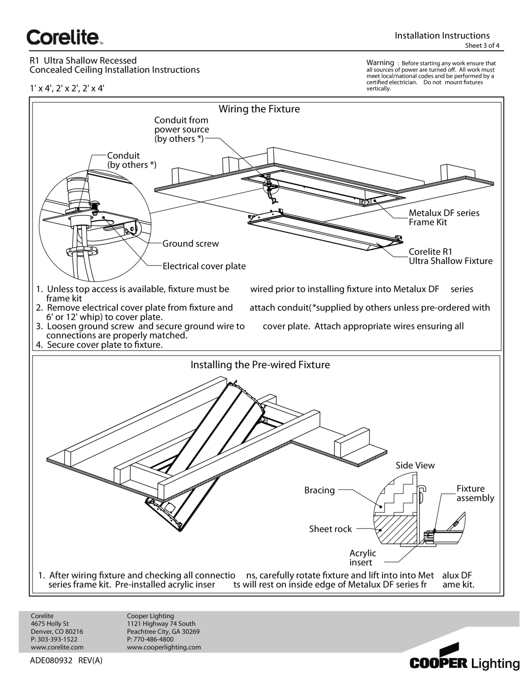Cooper Lighting ADE080932 Wiring the Fixture, Installing the Pre-wired Fixture, Bracing Fixture, Ame kit 