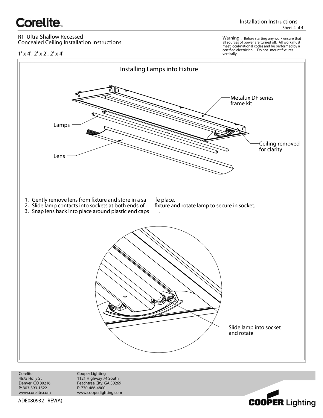 Cooper Lighting ADE080932 installation instructions Installing Lamps into Fixture, Slide lamp into socket and rotate 