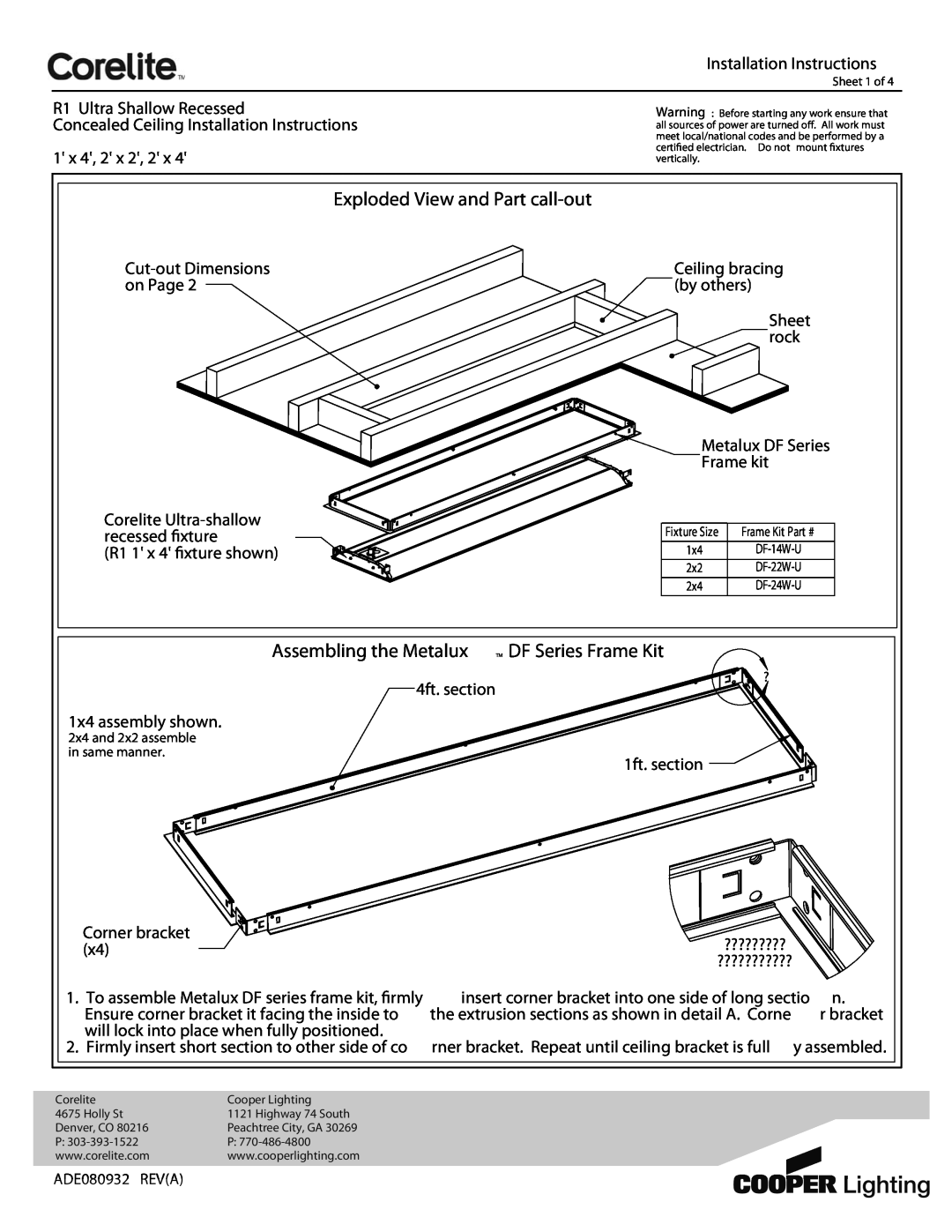 Cooper Lighting ADE080932 installation instructions Exploded View and Part call-out, Installation Instructions, r bracket 