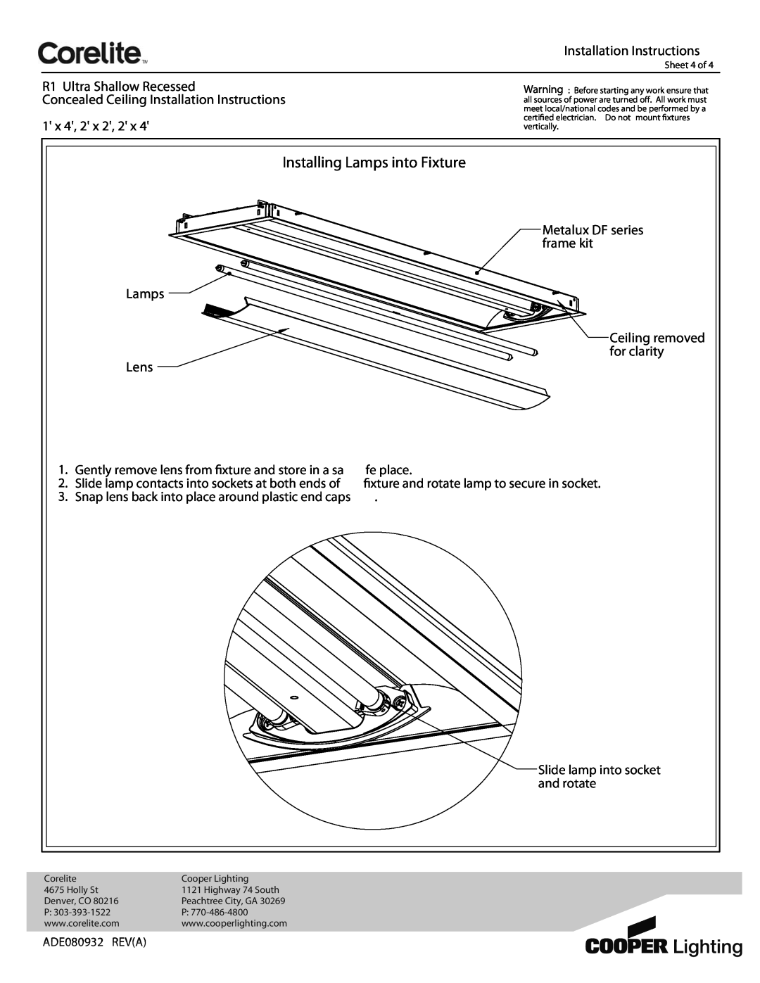 Cooper Lighting Installing Lamps into Fixture, Installation Instructions, fe place, ADE080932 REVA, Sheet 4 of 