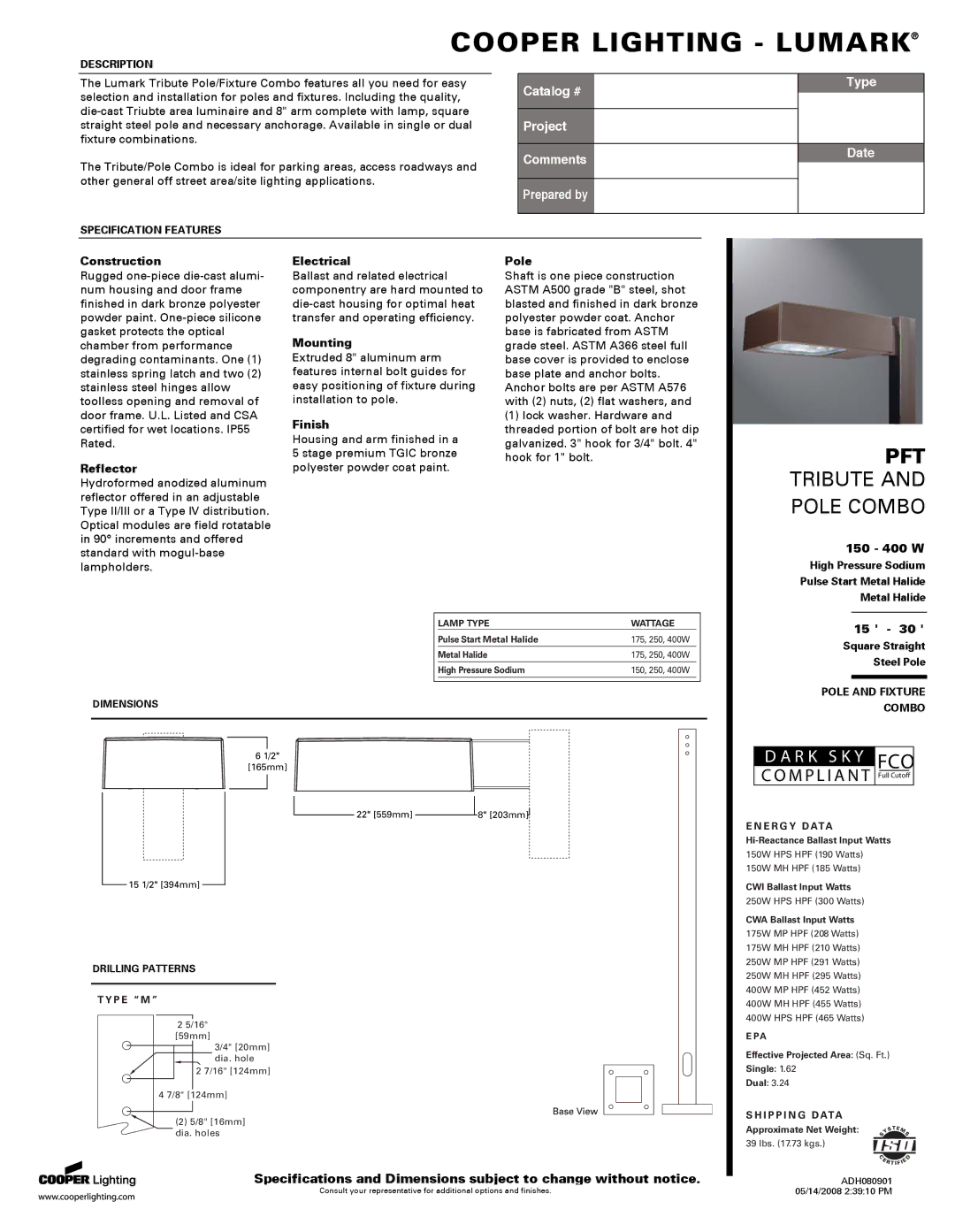 Cooper Lighting ADH080901 specifications Construction, Reflector, Electrical, Mounting, Finish, Pole 