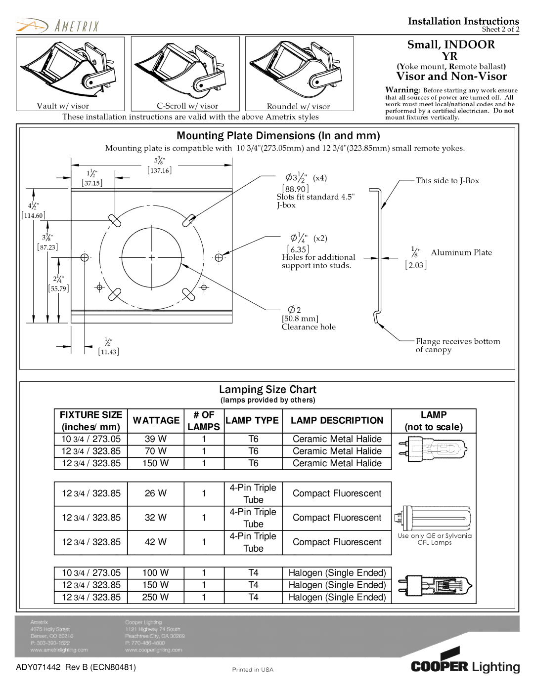 Cooper Lighting ADY071442 installation instructions Mounting Plate Dimensions In and mm, Lamping Size Chart, Lamps 