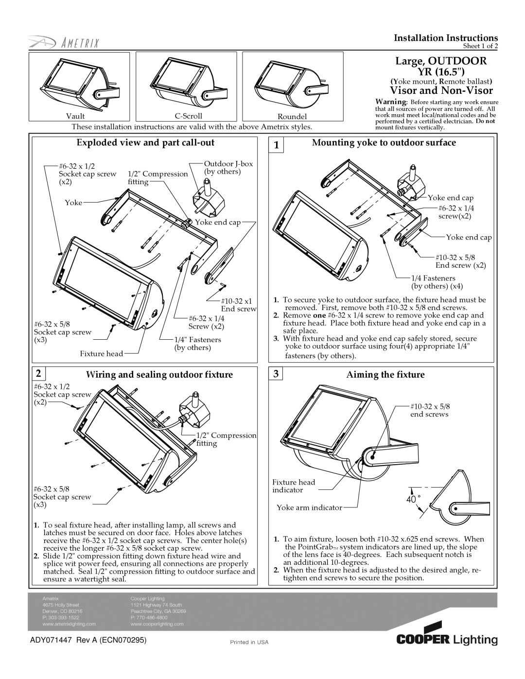 Cooper Lighting ADY071447 installation instructions Large, Outdoor, Visor and Non-Visor, Installation Instructions 