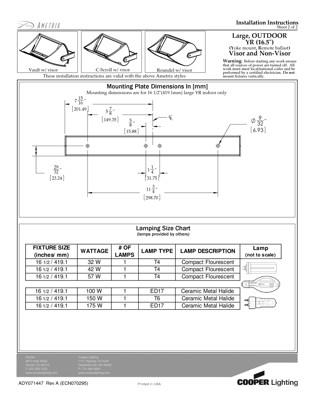 Cooper Lighting ADY071447 installation instructions Mounting Plate Dimensions In mm, Lamping Size Chart, Lamps 