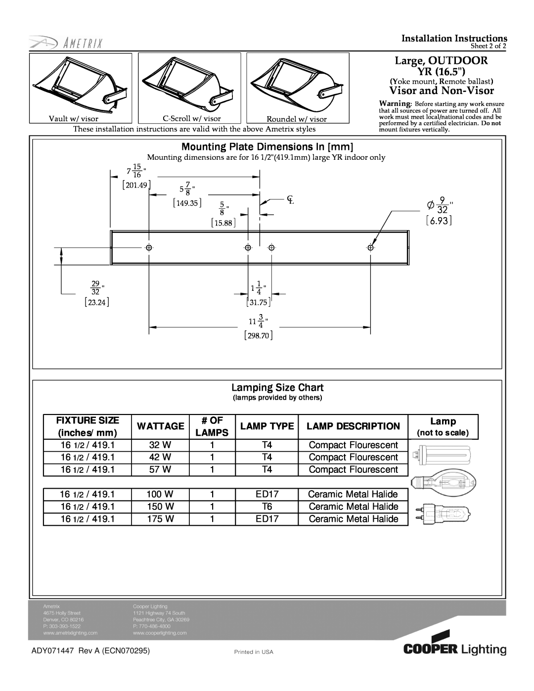 Cooper Lighting ADY071447 Mounting Plate Dimensions In mm, Lamping Size Chart, Large, OUTDOOR YR, Visor and Non-Visor 