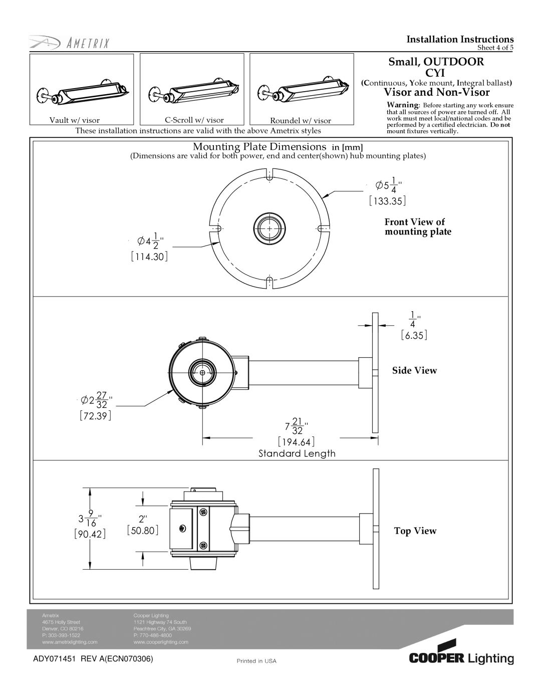 Cooper Lighting ADY071451 manual Mounting Plate Dimensions in mm 