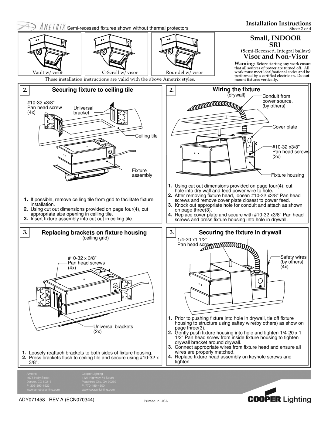 Cooper Lighting ADY071458 manual Replacing brackets on fixture housing, Securing the fixture in drywall 