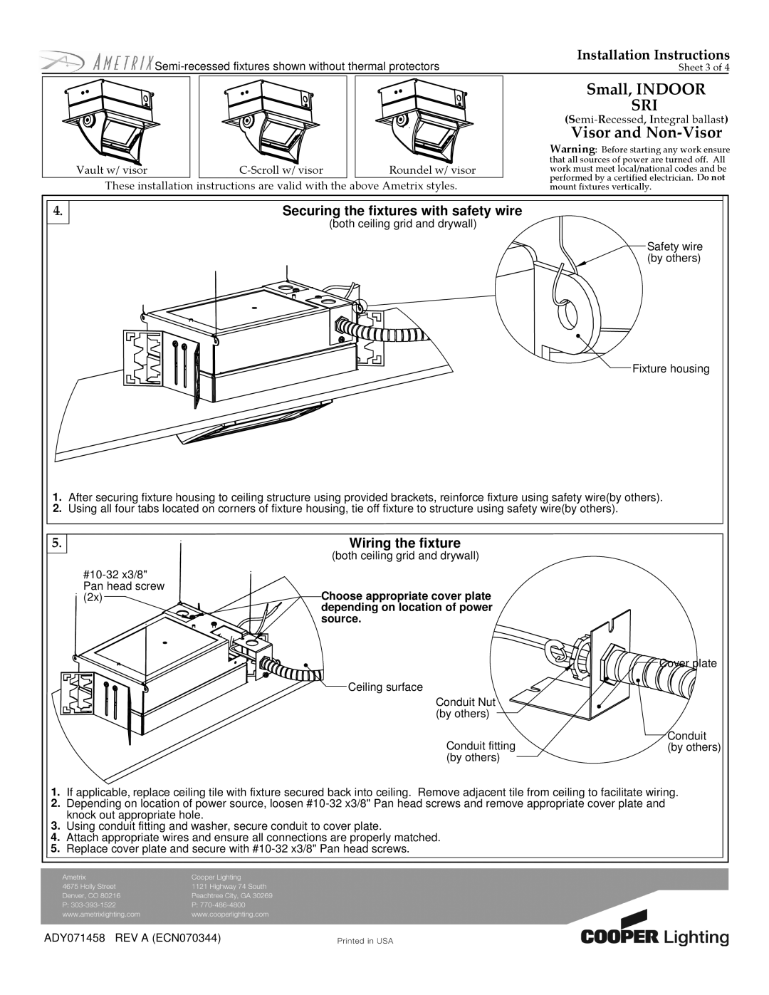 Cooper Lighting ADY071458 manual Securing the fixtures with safety wire, Source 