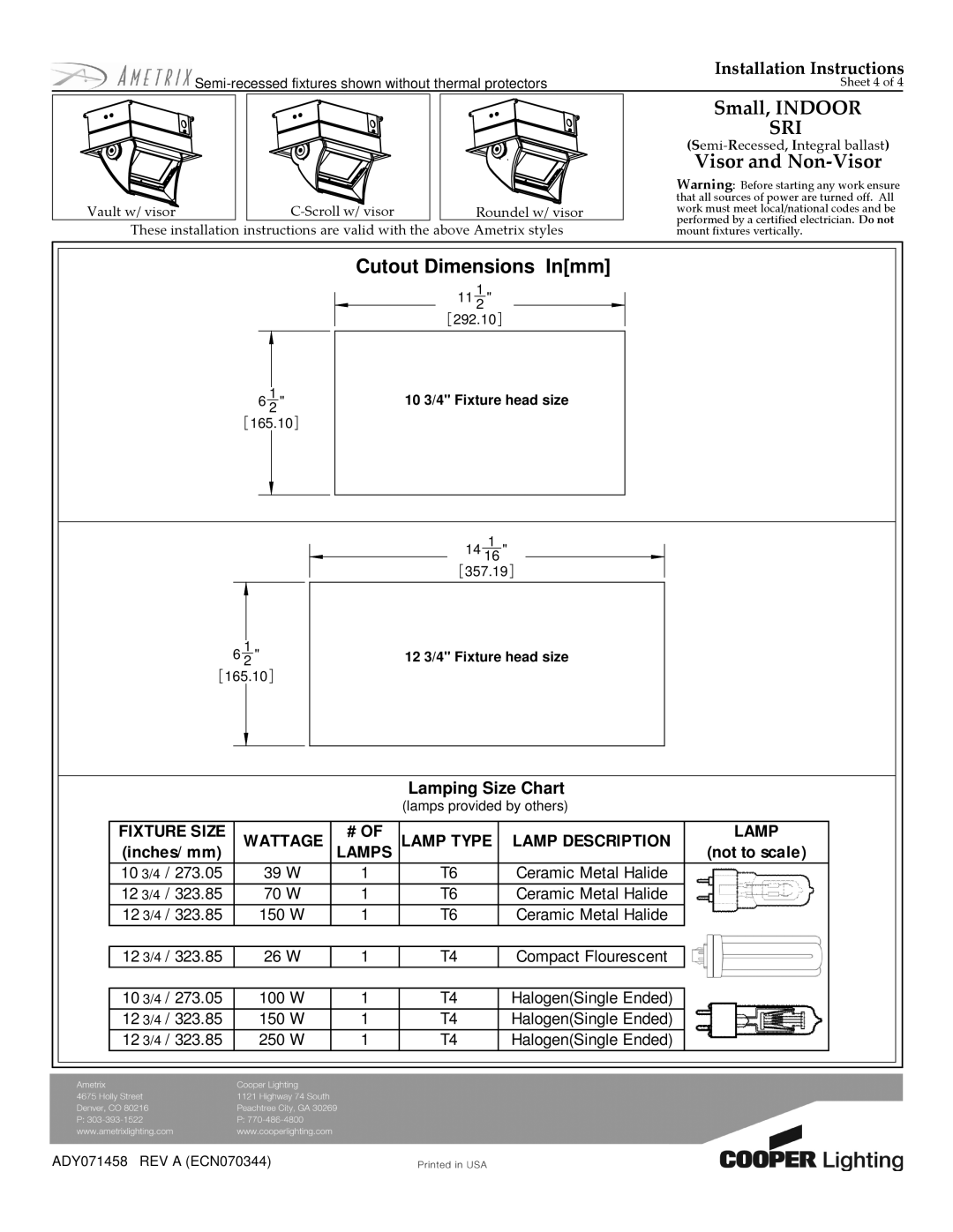 Cooper Lighting ADY071458 manual Cutout Dimensions Inmm, Inches/ mm 