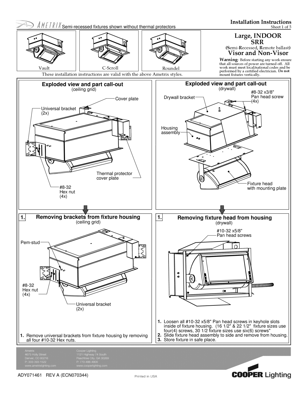 Cooper Lighting ADY071461 installation instructions Exploded view and part call-out, Removing fixture head from housing 