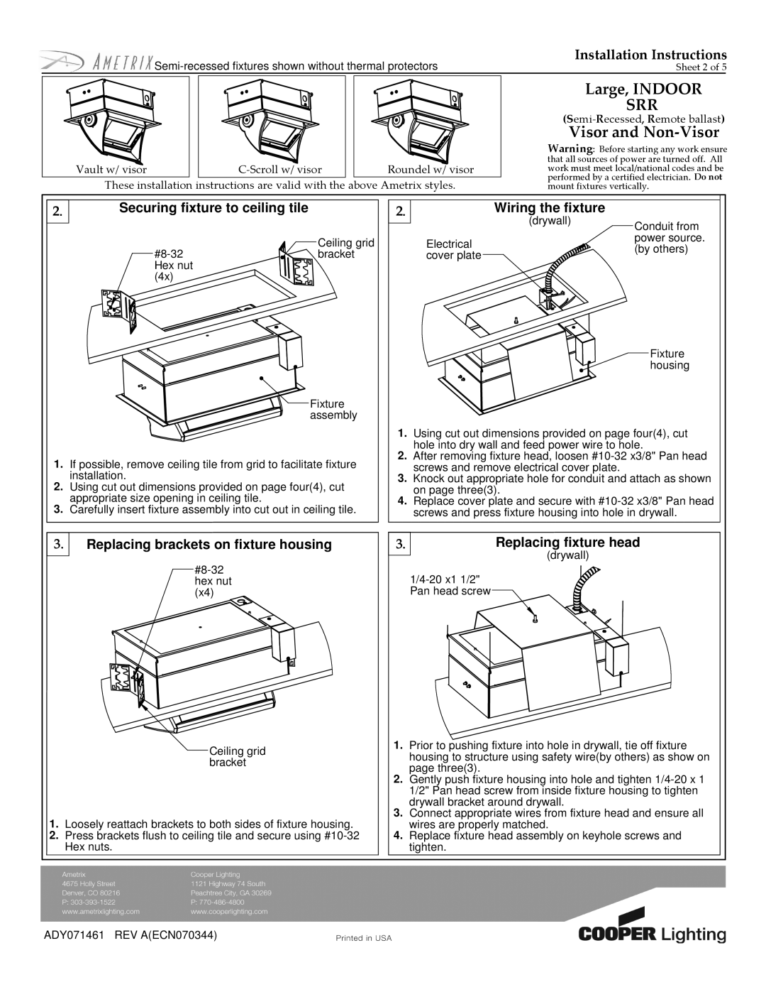 Cooper Lighting ADY071461 installation instructions Securing fixture to ceiling tile, Replacing brackets on fixture housing 