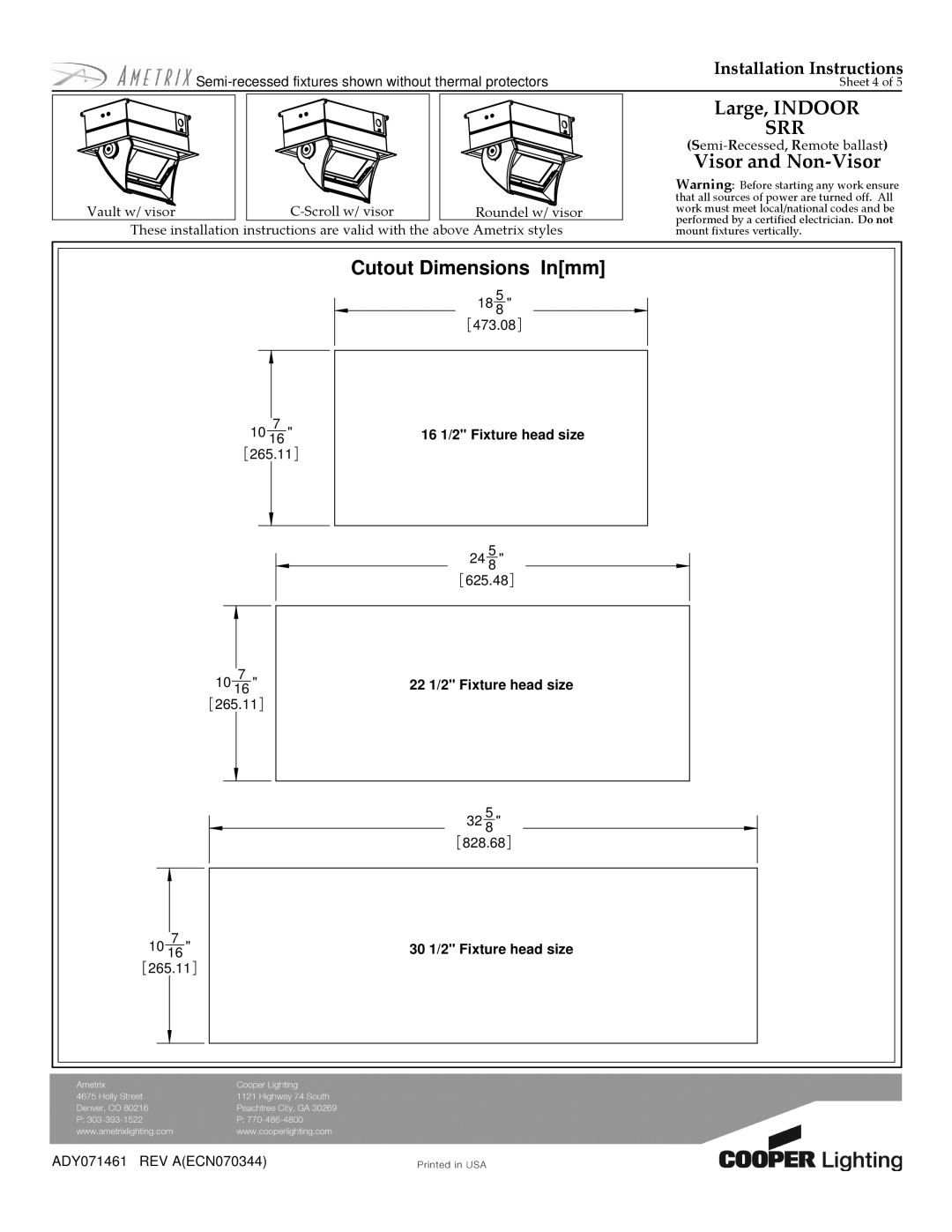 Cooper Lighting ADY071461 installation instructions Cutout Dimensions Inmm 