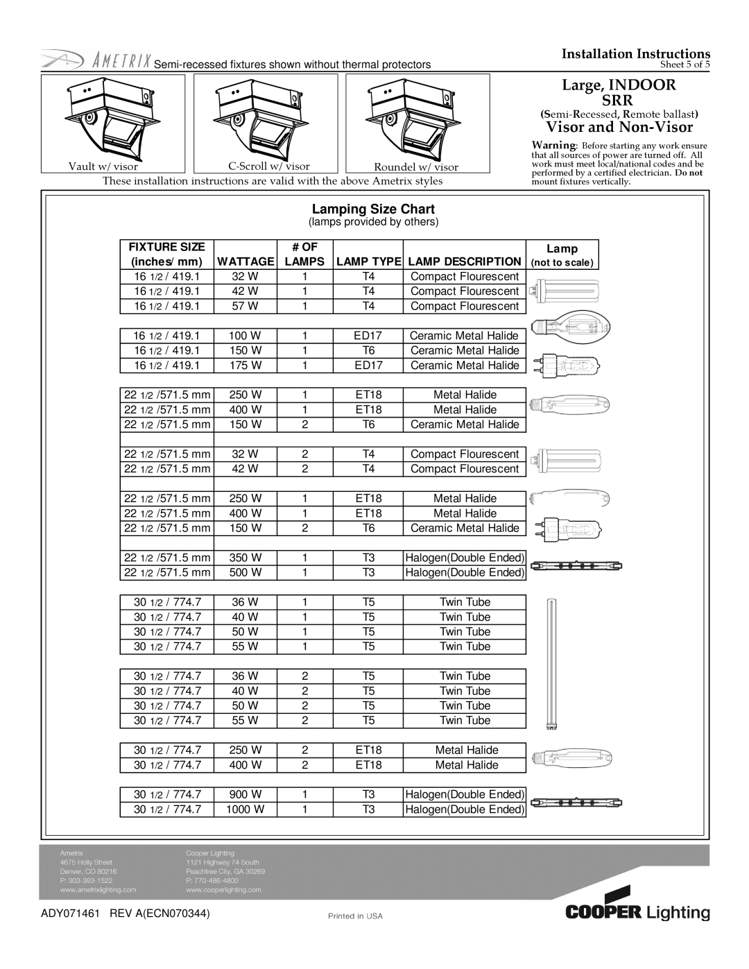 Cooper Lighting ADY071461 installation instructions Fixture Size 