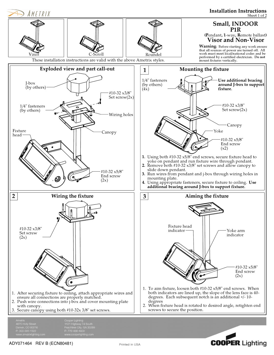 Cooper Lighting ADY071464 installation instructions Small, Indoor, P1R, Visor and Non-Visor, Installation Instructions 